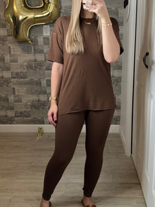 RESTOCK Brown Microfiber Loungewear Top & Leggings Set