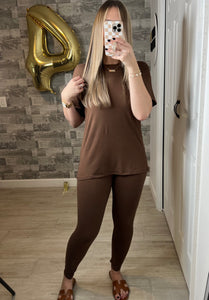 RESTOCK Brown Microfiber Loungewear Top & Leggings Set