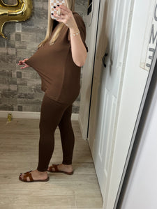 RESTOCK Brown Microfiber Loungewear Top & Leggings Set