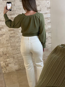Central Park Olive Pleated Blouse