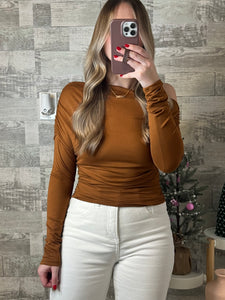 Camel Asymmetrical Off Shoulder Top