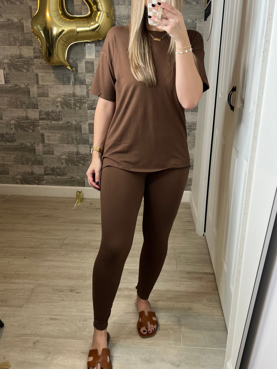 RESTOCK Brown Microfiber Loungewear Top & Leggings Set