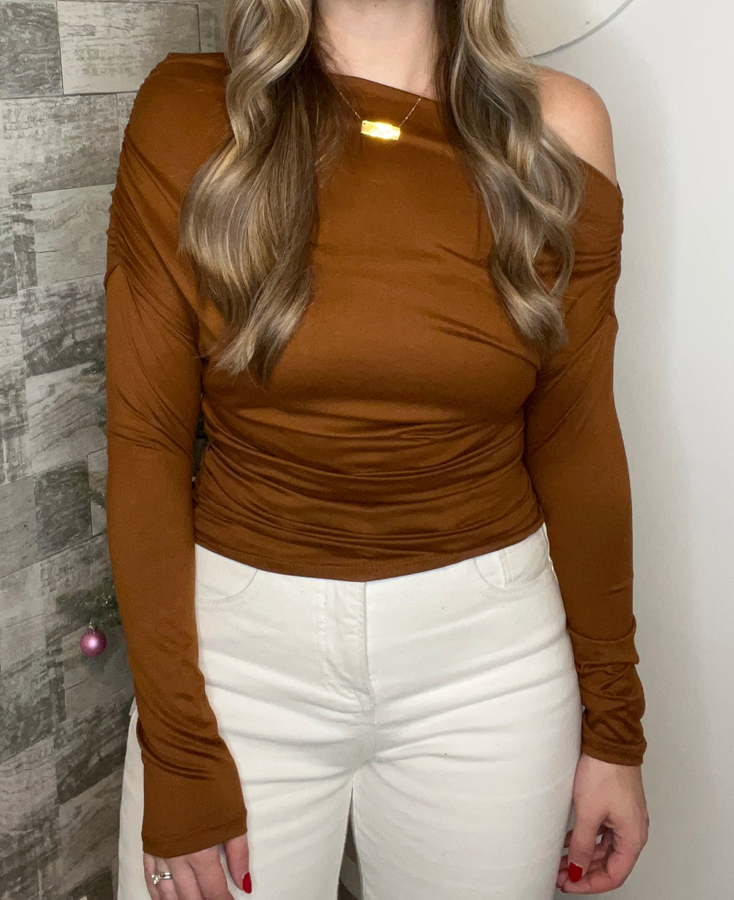 Camel Asymmetrical Off Shoulder Top