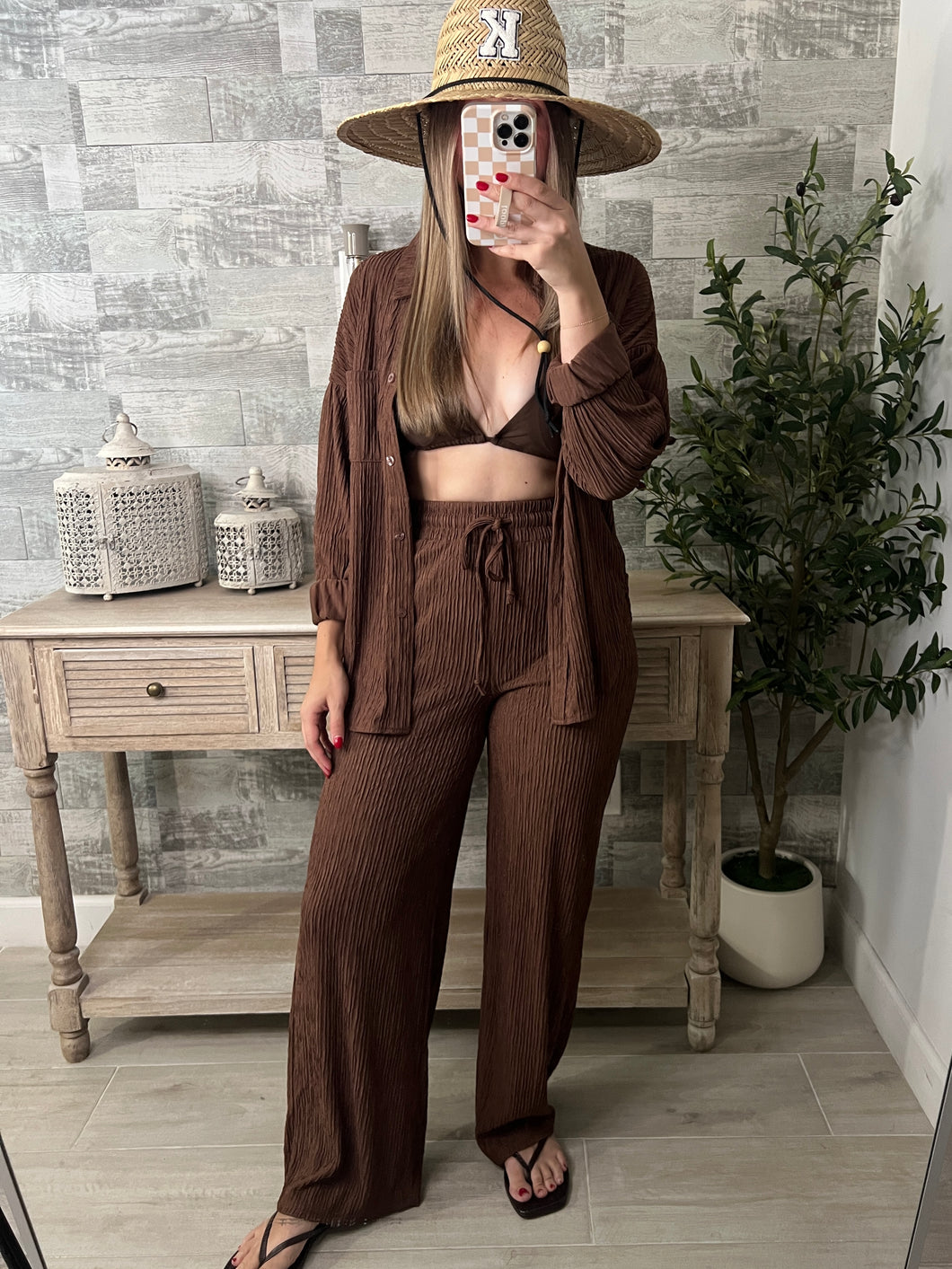 Crinkle Chic Top & Pants Set Brown