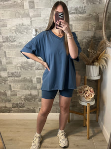 Dusty Blue Cotton & Biker Shorts Set