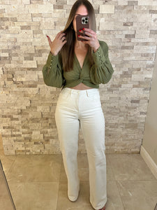 Central Park Olive Pleated Blouse